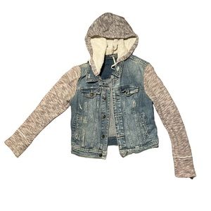 Free people, jean jacket with sweatshirt, sleeves, and hood, size small